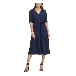 Dkny Navy V-Neck Tiered Midi Dress with Tie Waist